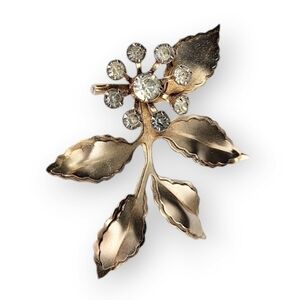 Vintage Flower Rhinestone Brooch Rose Gold Filled Double Layer Leaves 50s 2.5"